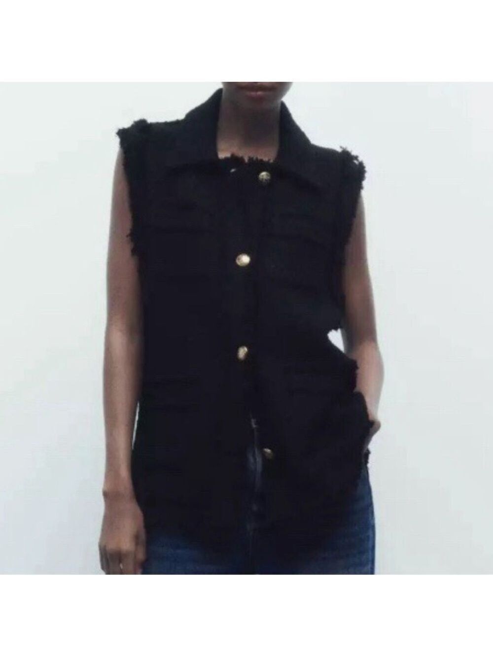 ZARA Gilet Waistcoat sleeveless blazer textured vest with frayed trims black Lge
